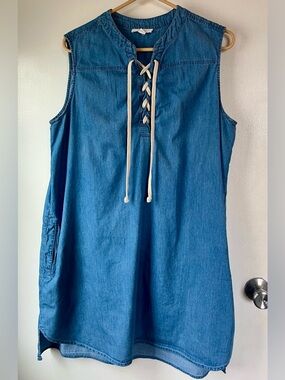 BLL New York Denim Tunic Dress XL Sleeveless Lace-Up Chambray Casual Boho Pocket